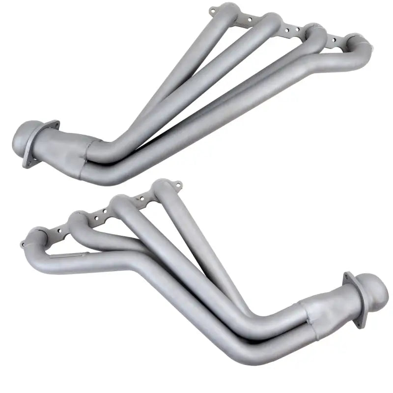 Silver-colored long tube exhaust headers for Camaro LS3 L99 with converters