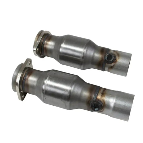 Two metal catalytic converters for Chevy Camaro SS short mid pipe kit upgrade