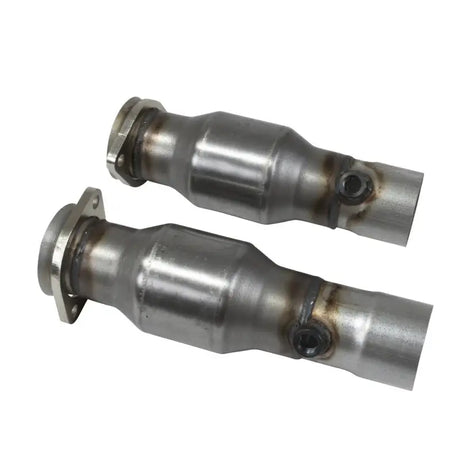 Two metal catalytic converters for BBK 16-17 Chevrolet Camaro SS short mid pipe kit