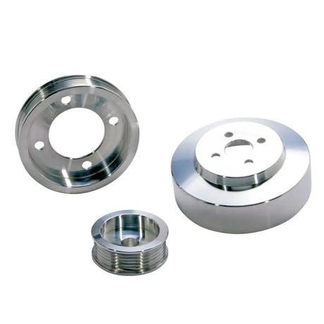 Shiny metal underdrive pulley from BBK 94-95 Mustang 5.0 pulley kit, lightweight CNC aluminum