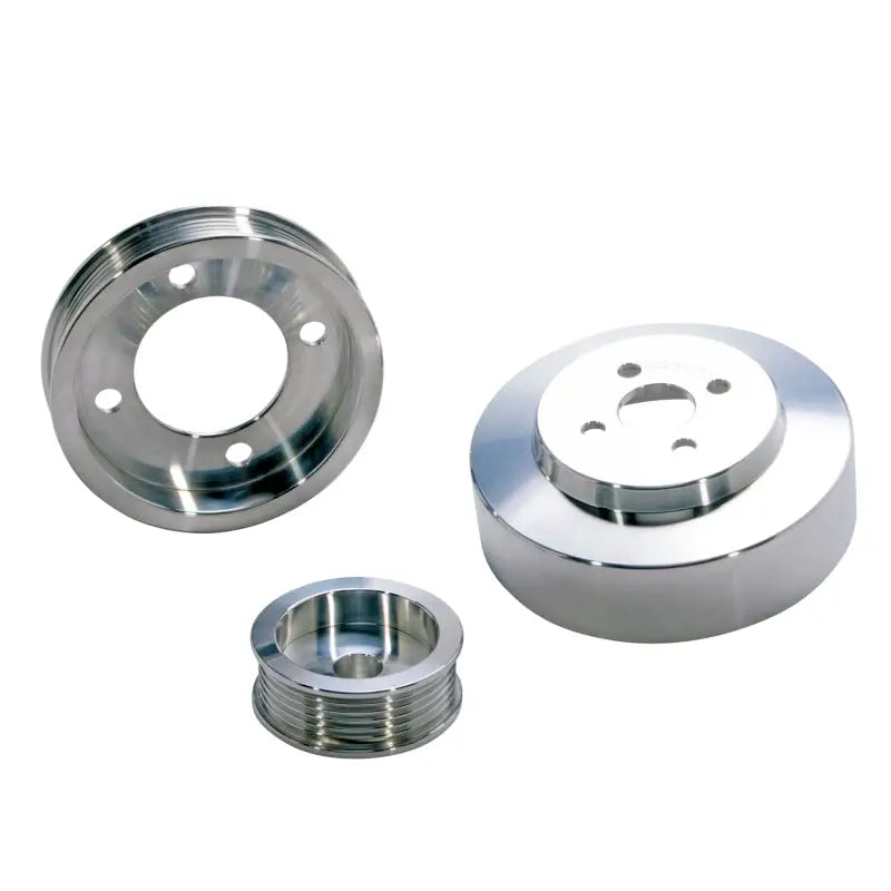 Shiny metal underdrive pulley from BBK Mustang 5.0 pulley kit, lightweight CNC billet aluminum