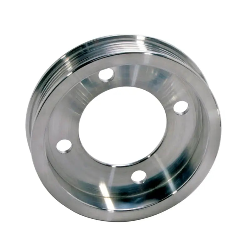 Shiny metal underdrive pulley from BBK 94-95 Mustang 5.0 pulley kit, CNC billet aluminum