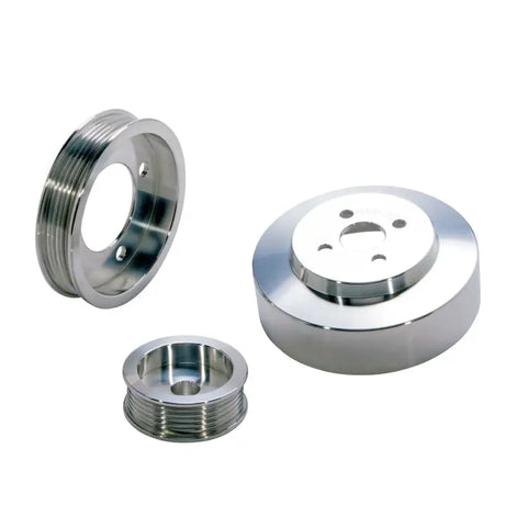 Polished metal pulleys from BBK 94-95 Mustang 5.0 underdrive pulley kit