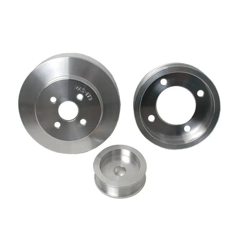Three silver metal pulleys from BBK underdrive pulley kit for 94-95 Mustang 5.0