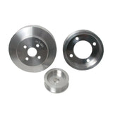 Three silver metal pulleys from BBK underdrive pulley kit for 94-95 Mustang 5.0