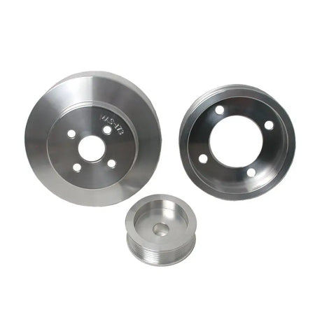 Three silver metal pulleys from BBK underdrive pulley kit for 94-95 Mustang 5.0
