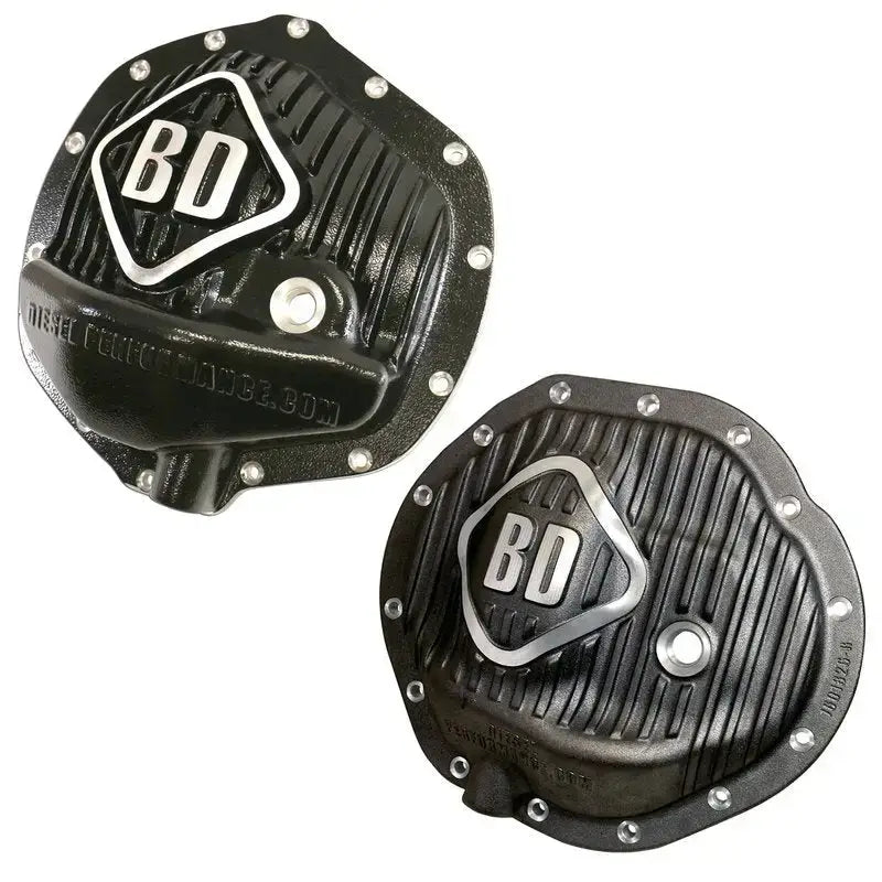 Black differential covers with silver logos from the BD Diesel differential cover pack for Dodge 2500 3500