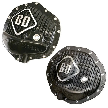 Black differential covers with silver logos from BD Diesel differential cover pack for Dodge 2500 and 3500