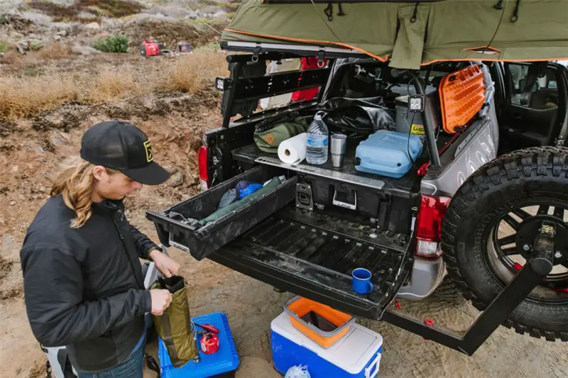 Truck bed storage system with bed drawer and high load capacity for easy organization