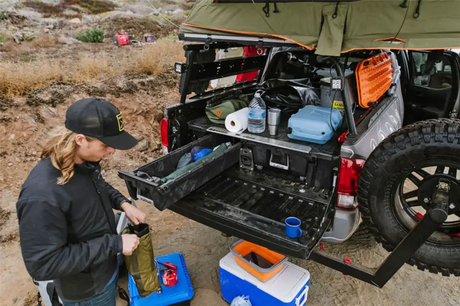 Truck bed storage system with bed drawer and high load capacity for easy organization
