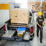 Truck bed storage system with heavy-duty bed drawer and 2000-pound load capacity