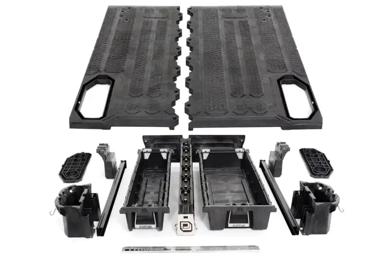 Black truck bed storage system with high load capacity and adjustable bed drawer design