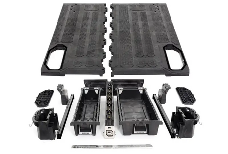 Black truck bed storage system with high load capacity and adjustable bed drawer design
