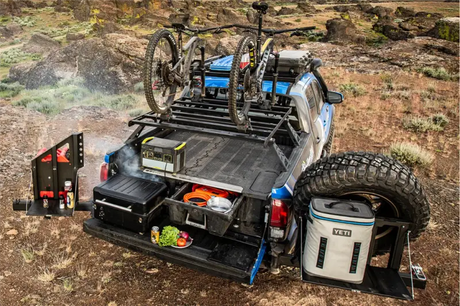 Off-road truck with camping gear and a strong bed drawer with high load capacity