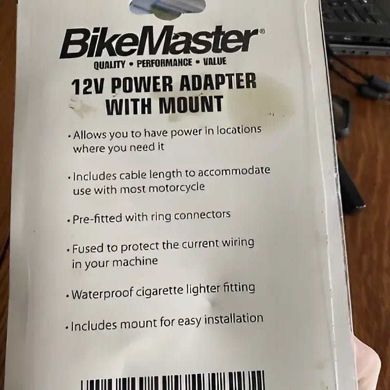 BikeMaster 12V power adapter packaging for 12v power boost on bikes