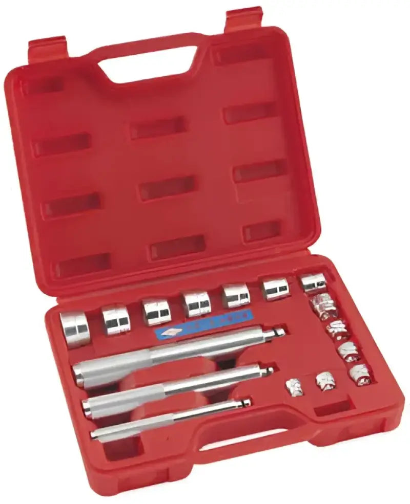 Red tool case with metal adapters for bikemaster 16pc bearing race and seal set