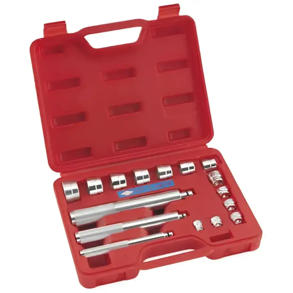 Red tool case with metal adapters for bikemaster 16pc bearing race and seal set