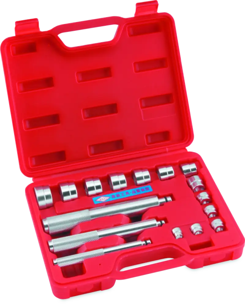 Red tool case with metal tools for bikemaster 16pc bearing race and seal set