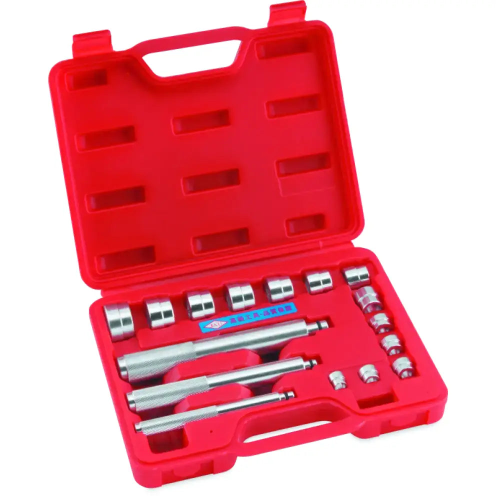 Red tool case with metal tools for bikemaster 16pc bearing race and seal set
