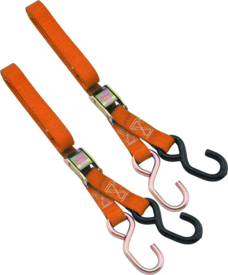 Orange Bikemaster 1in tiedown straps with hooks for secure bike transport