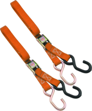 Orange Bikemaster 1in tiedown straps with hooks for secure bike transport