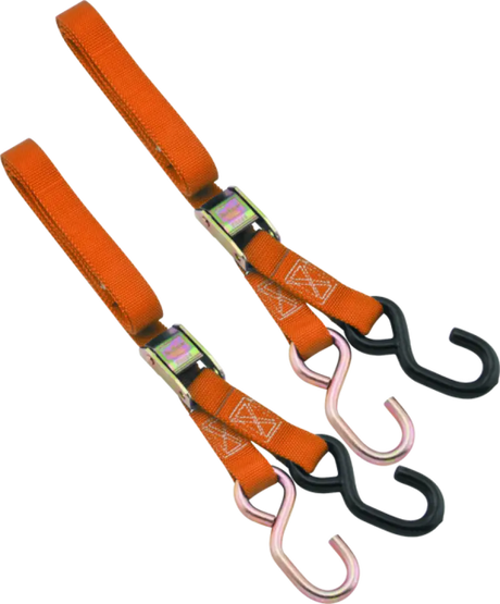 Orange Bikemaster 1in tiedown straps with hooks for secure bike transport