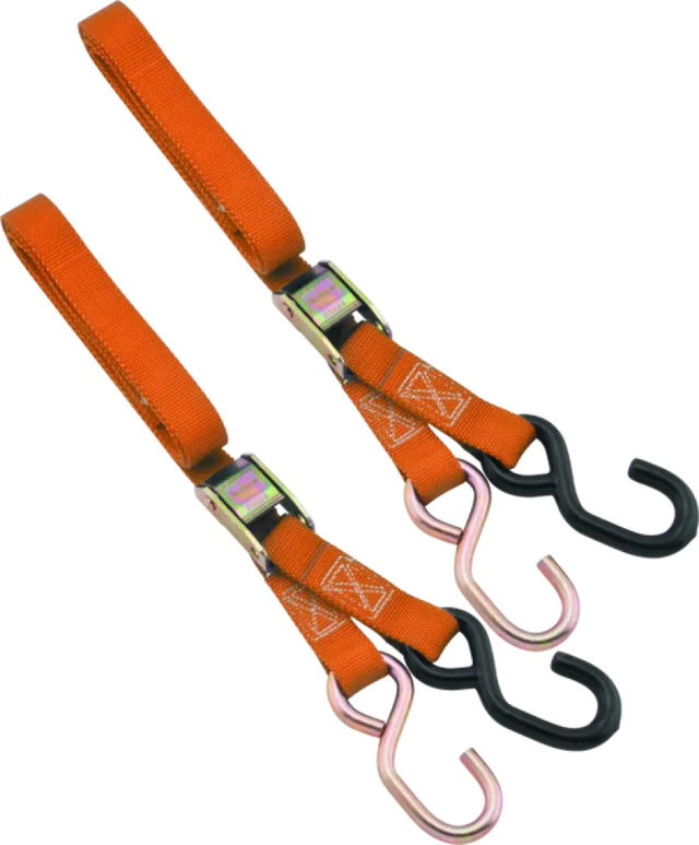 Orange Bikemaster 1in tiedown straps with hooks for secure bike transport