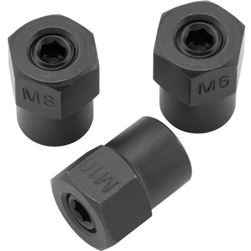 Three black threaded inserts with BikeMaster Stud Install Tool Set for easy install