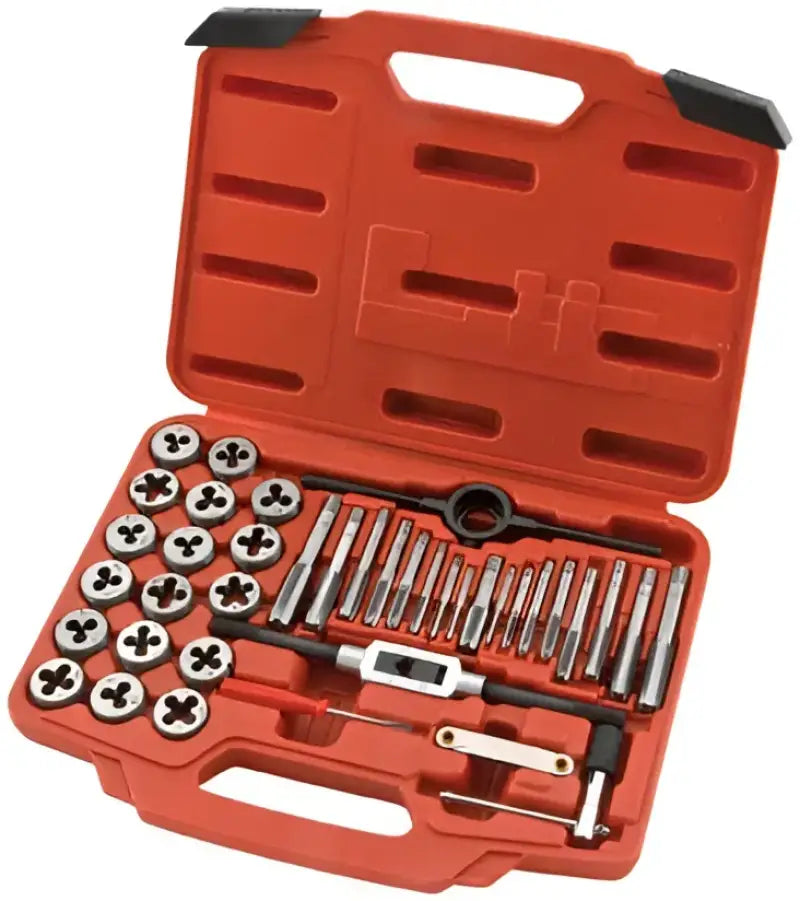 BikeMaster 40-pc tap and die wrench set in a red case for easy use