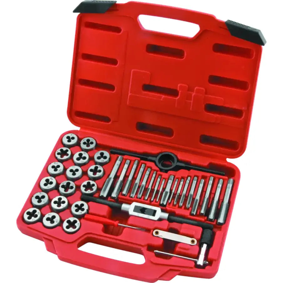 Red tap and die set for bike repairs, part of BikeMaster 40-pc wrench set