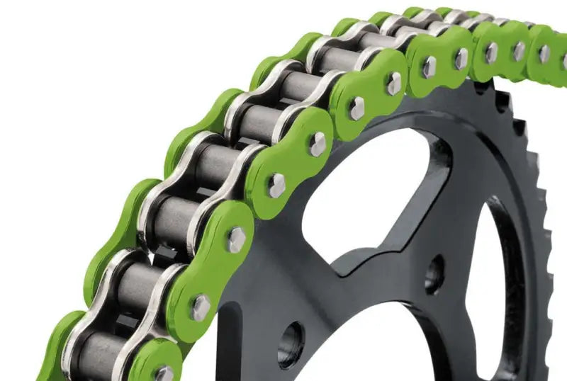 Green and black BikeMaster 525x120 BMXR O-Ring Chain on sprocket for bikes