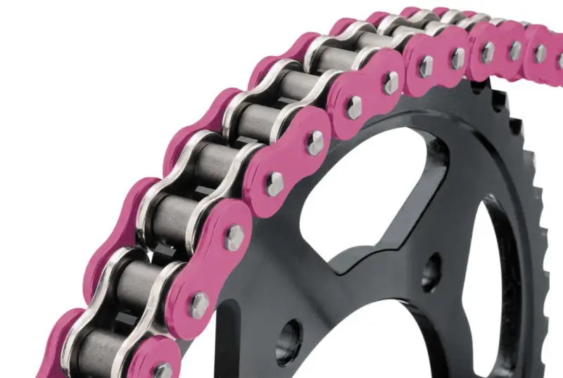 Pink and silver BikeMaster 525x120 BMXR O-Ring Chain on black sprocket for BMX bikes