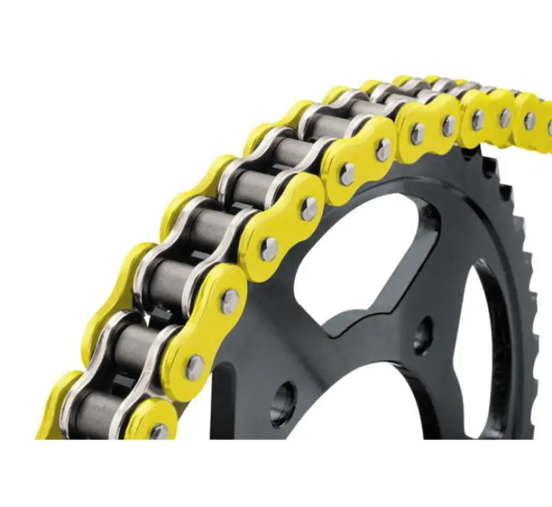 Yellow and black BikeMaster 525x120 BMXR chain on sprocket for easy bike upgrades