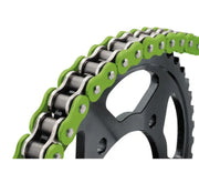 Green and silver bikemaster 525x150 bmxr motorcycle chain on black sprocket
