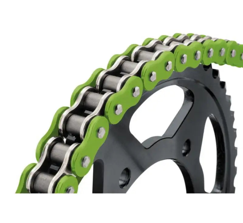 Green and silver bikemaster 525x150 bmxr motorcycle chain on black sprocket