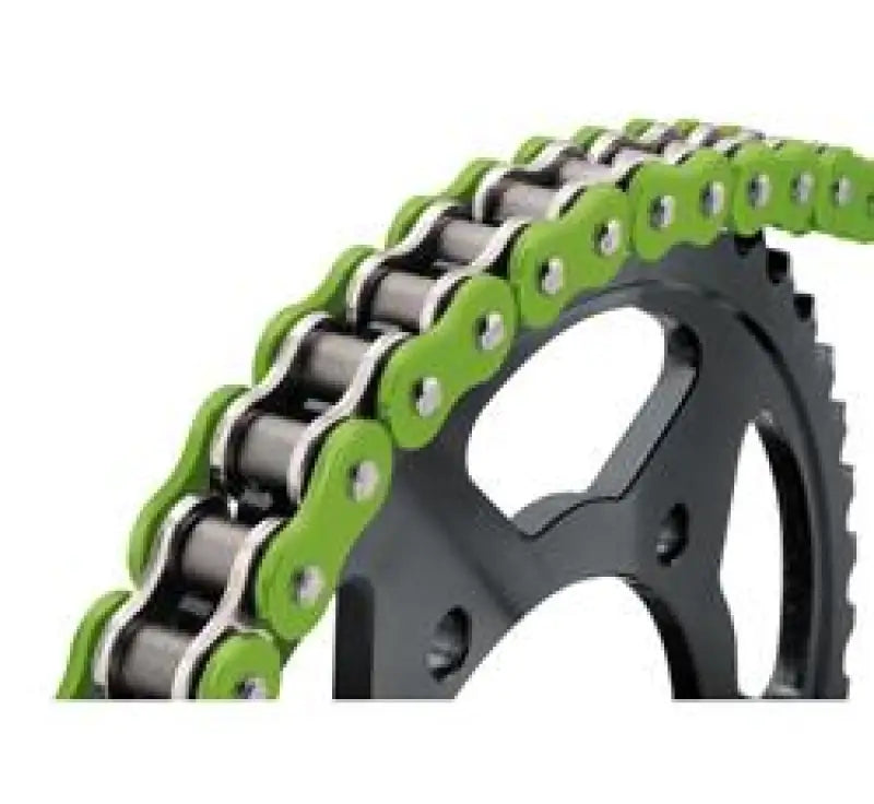 Green and silver BikeMaster 525x150 BMXR O-Ring Chain on sprocket for bikes
