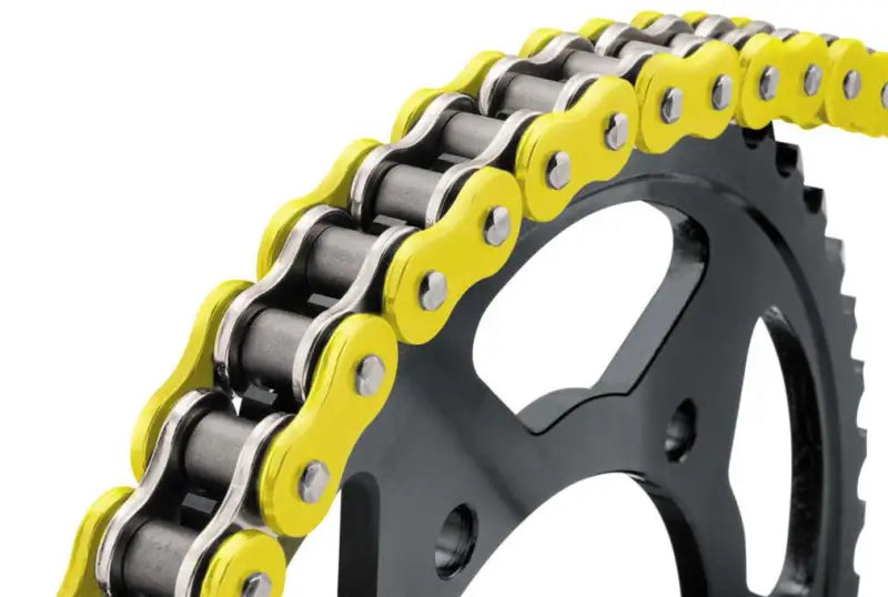 Yellow and silver BikeMaster 525x150 BMXR O-Ring Chain on black sprocket for bikemaster 525x150