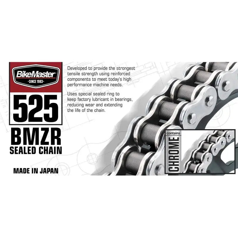 Chrome bike master 525x150 bmzr motorcycle chain with shiny finish for smooth rides