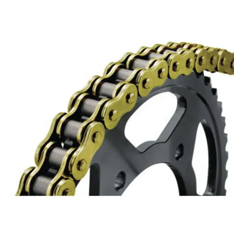 Gold and black BikeMaster 525x150 BMZR Z-Ring Chain on sprocket for bikes