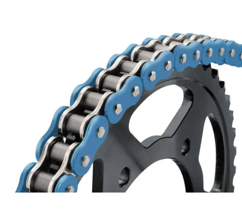 Blue and black BikeMaster 530x150 BMXR motorcycle chain on sprocket for bikes