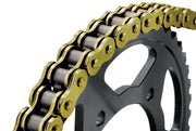 Gold and black BikeMaster 530x150 BMZR Z-Ring Chain on sprocket for bikes