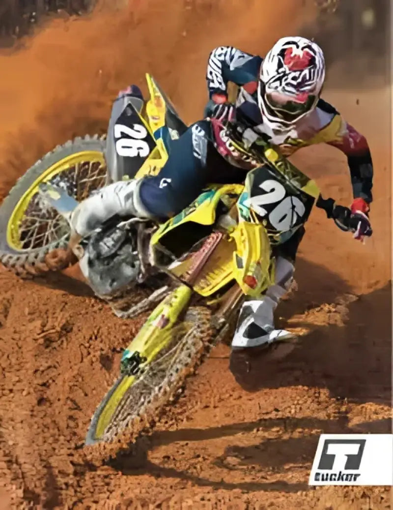 Yellow motocross bike on 5ft x 3ft Shop Mat for garage or shop floor protection