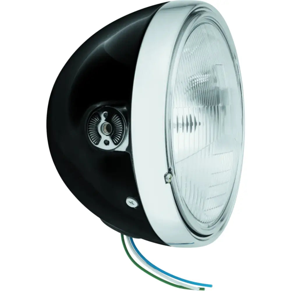 Black motorcycle headlight with chrome trim for BikeMaster 7in Headlight Side Mount