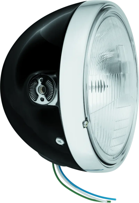 Black motorcycle headlight with chrome trim for BikeMaster 7in Headlight Side Mount