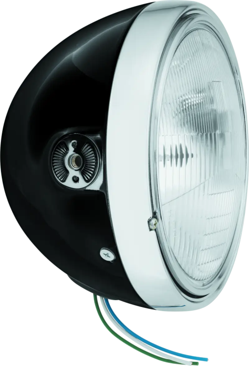 Black motorcycle headlight with chrome trim for BikeMaster 7in Headlight Side Mount