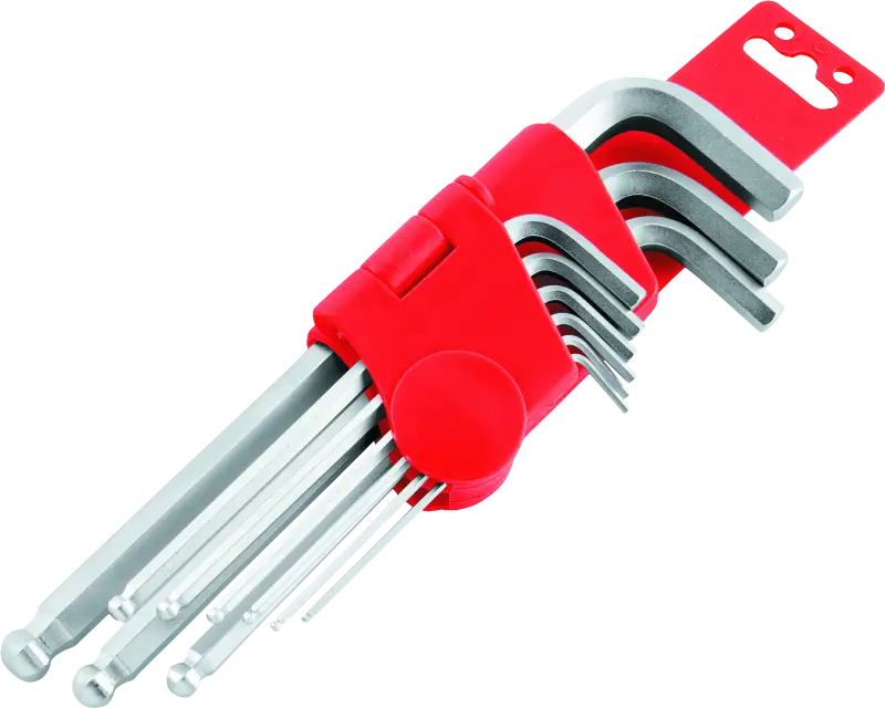 Set of silver ball end short wrenches in red holder for BikeMaster 9-pc wrench set
