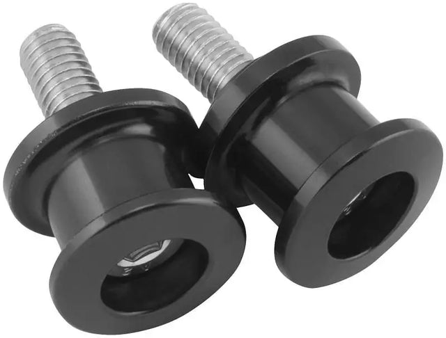 Black motorcycle swingarm spools from BikeMaster Alum Spool Kit Lite for bikemaster alum spool upgrade