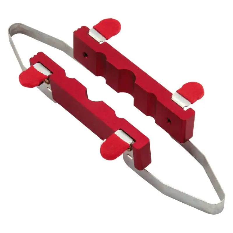 Red and silver hose clamp pliers with Bikemaster Aluminum Vise Insert for easy grip
