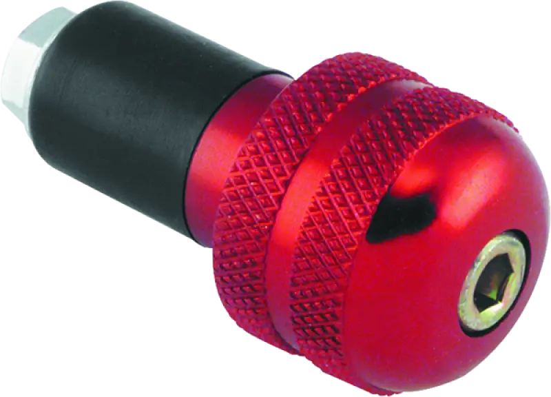Red and black knurled BikeMaster anti vibration bar ends for better grip and comfort