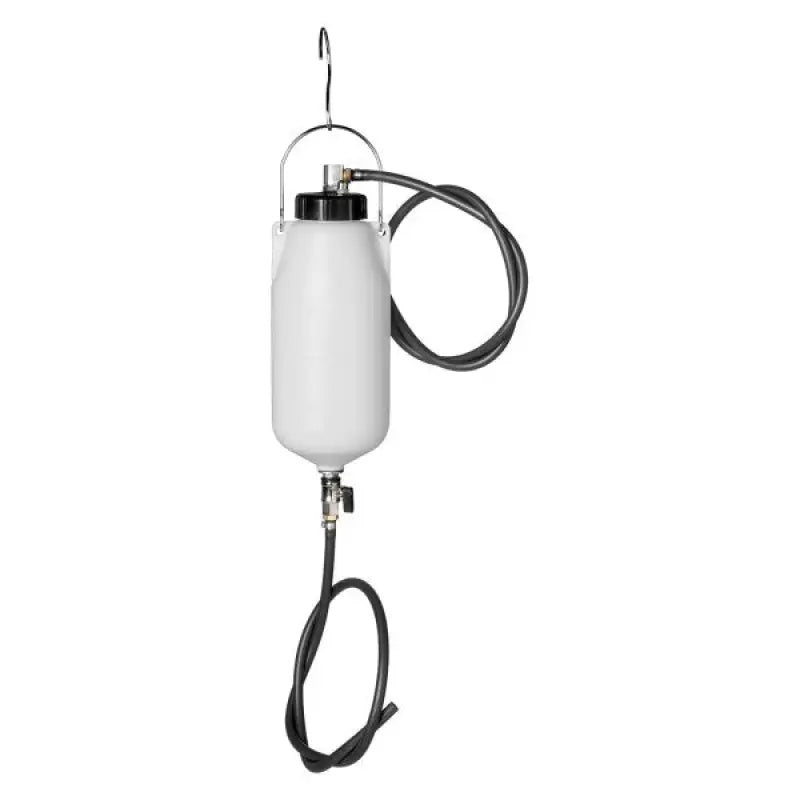 BikeMaster auxiliary fuel tank with white plastic container, black cap and hoses